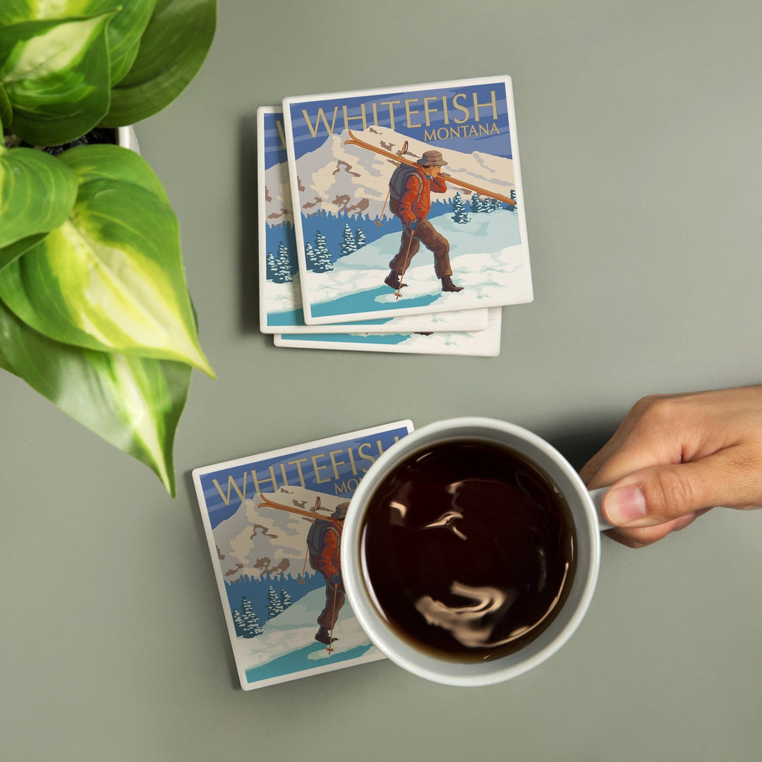 Whitefish, Montana, Skier Carrying, Coasters Coasters Lantern Press 