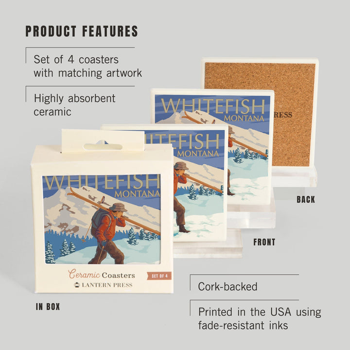 Whitefish, Montana, Skier Carrying, Coasters Coasters Lantern Press 