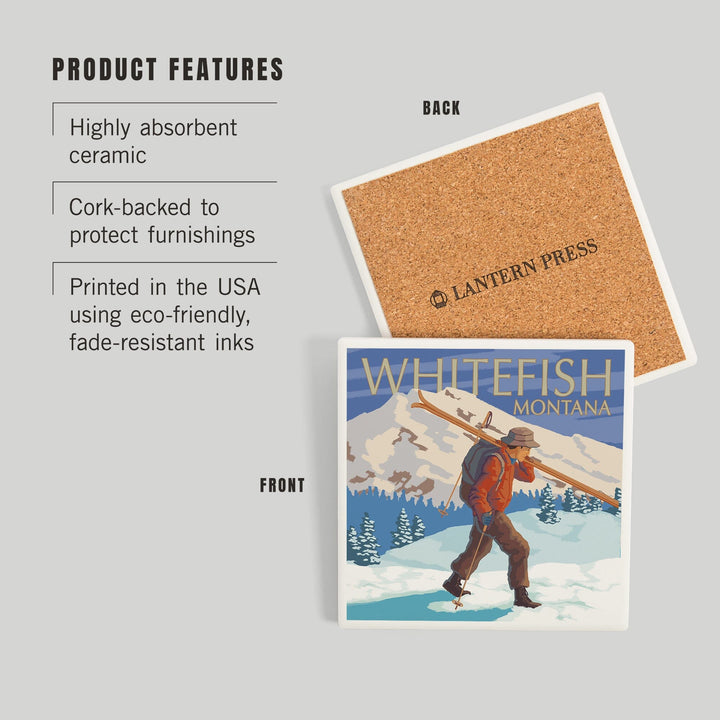 Whitefish, Montana, Skier Carrying, Coasters Coasters Lantern Press 