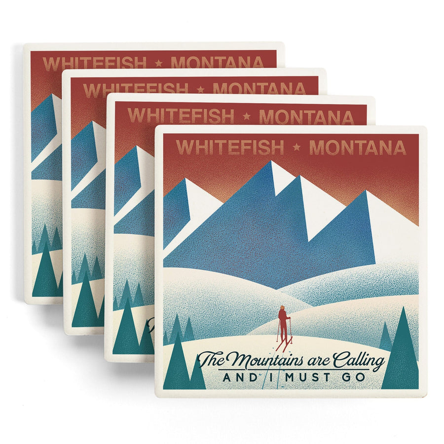 Whitefish, Montana, Skier In the Mountains, Litho, Lantern Press Artwork, Coaster Set Coasters Lantern Press 