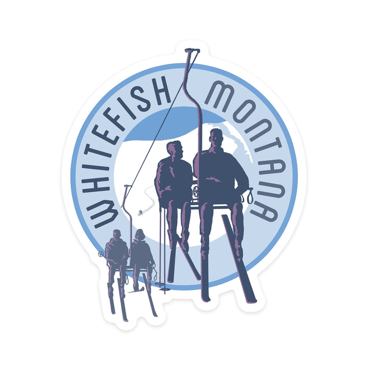 Whitefish, Montana, Skiers on Lift, Contour, Vinyl Sticker Sticker Lantern Press 