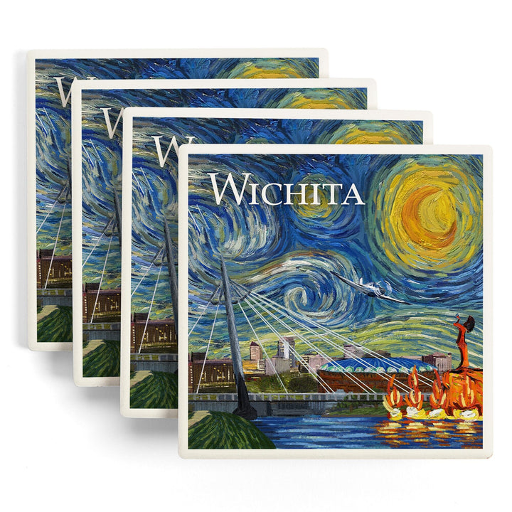 Wichita, Kansas, Starry Night, Lantern Press Artwork, Coaster Set Coasters Lantern Press 