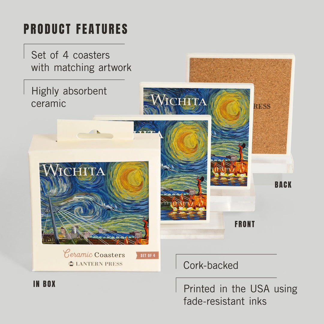 Wichita, Kansas, Starry Night, Lantern Press Artwork, Coaster Set Coasters Lantern Press 