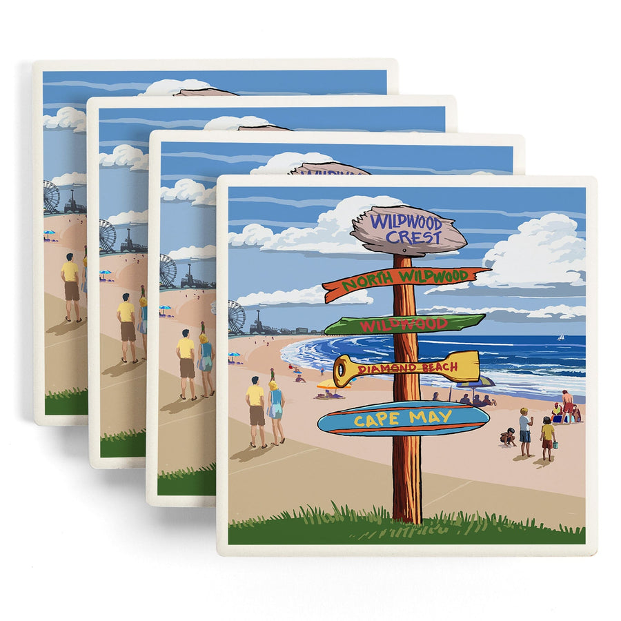 Wildwood Crest, New Jersey, Destinations Sign, Lantern Press Artwork, Coaster Set Coasters Lantern Press 