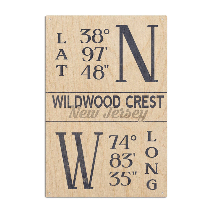 Wildwood Crest, New Jersey, Latitude & Longitude (Blue), Lantern Press Artwork, Wood Signs and Postcards Wood Lantern Press 10 x 15 Wood Sign 