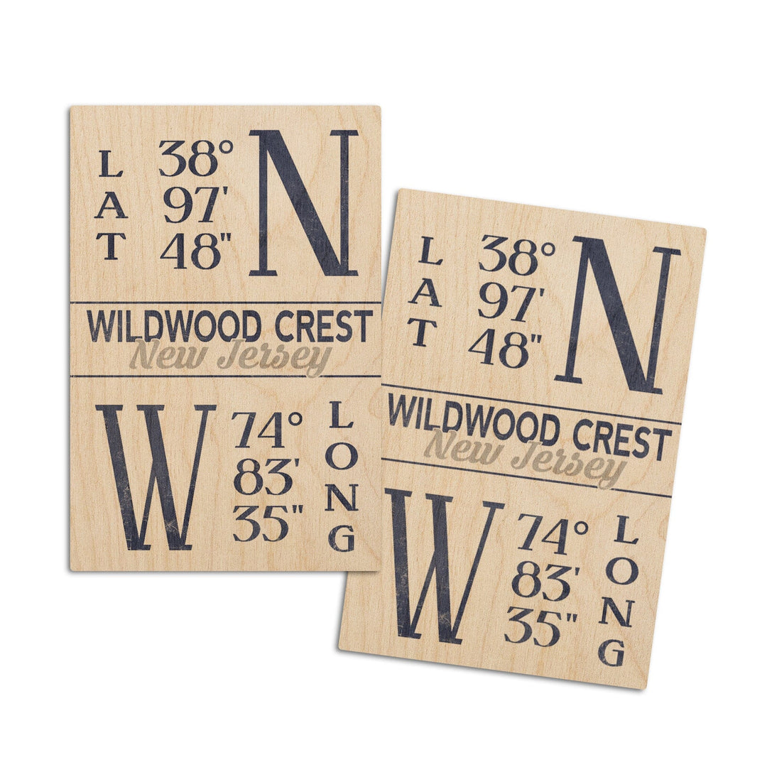 Wildwood Crest, New Jersey, Latitude & Longitude (Blue), Lantern Press Artwork, Wood Signs and Postcards Wood Lantern Press 4x6 Wood Postcard Set 