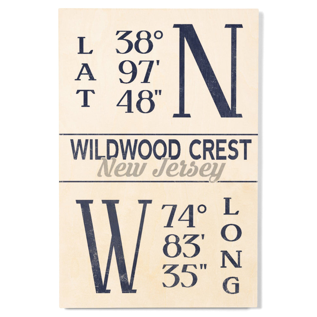 Wildwood Crest, New Jersey, Latitude & Longitude (Blue), Lantern Press Artwork, Wood Signs and Postcards Wood Lantern Press 