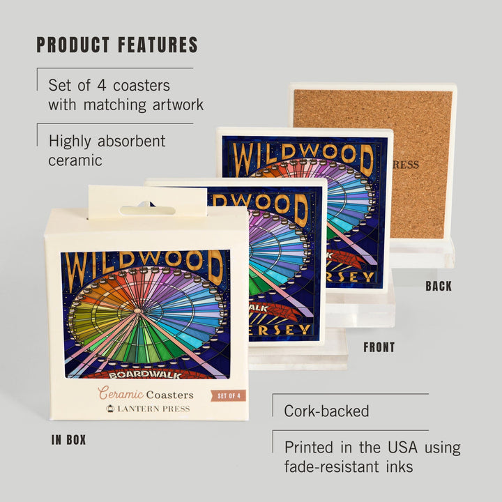 Wildwood, New Jersey, Boardwalk Ferris Wheel, Lantern Press Artwork, Coaster Set Coasters Lantern Press 