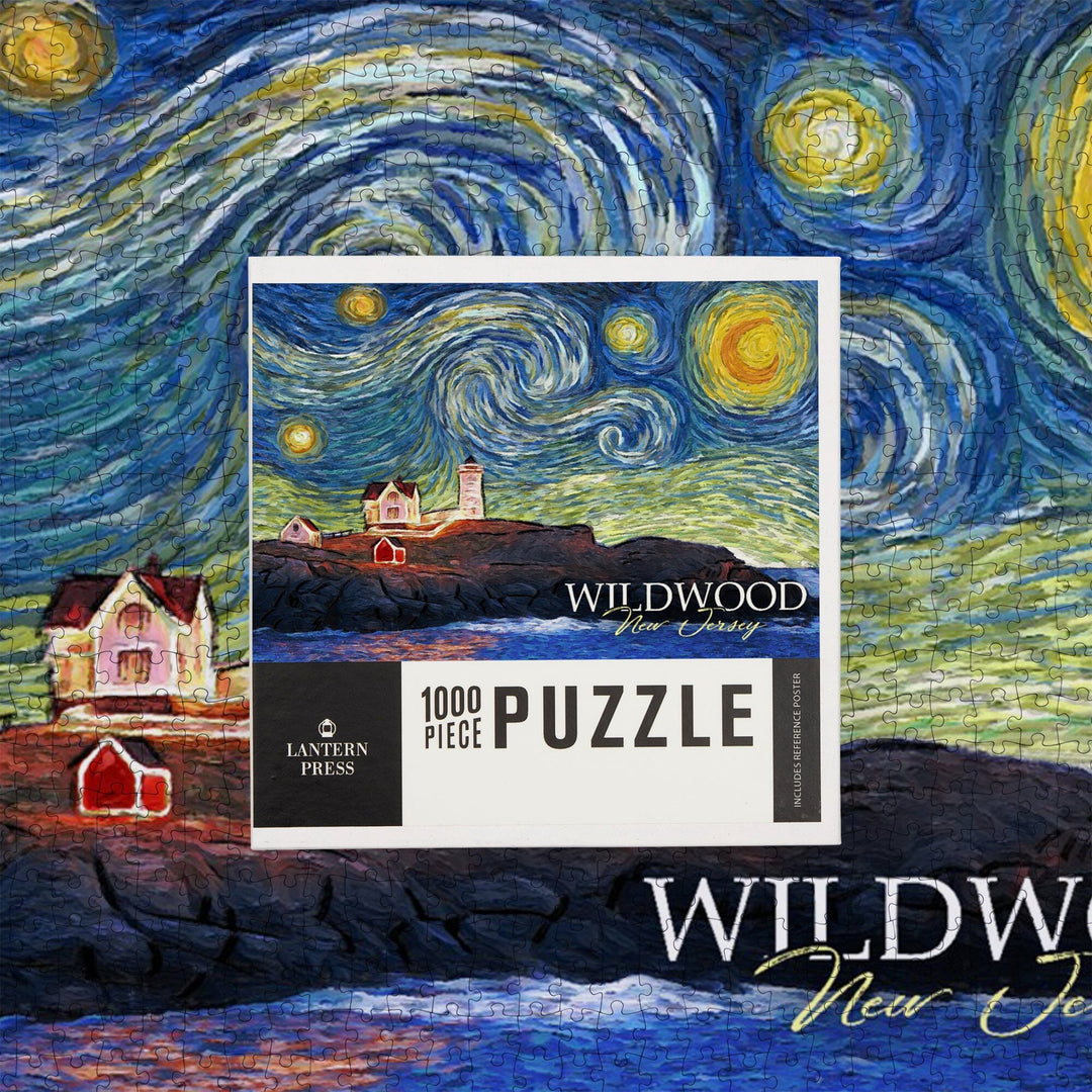 Wildwood, New Jersey, East Coast Lighthouse, Starry Night, Jigsaw Puzzle Puzzle Lantern Press 