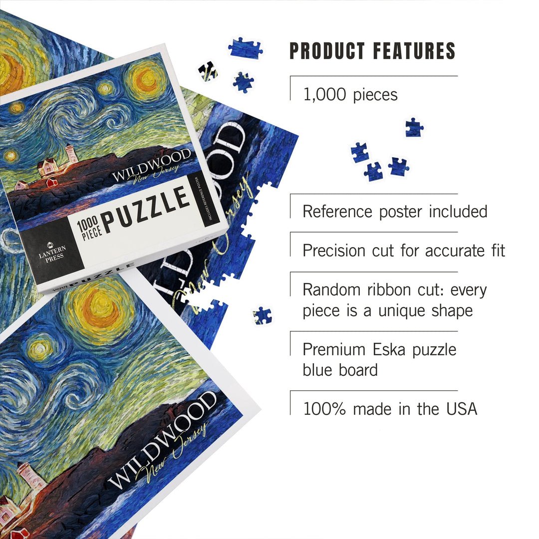Wildwood, New Jersey, East Coast Lighthouse, Starry Night, Jigsaw Puzzle Puzzle Lantern Press 