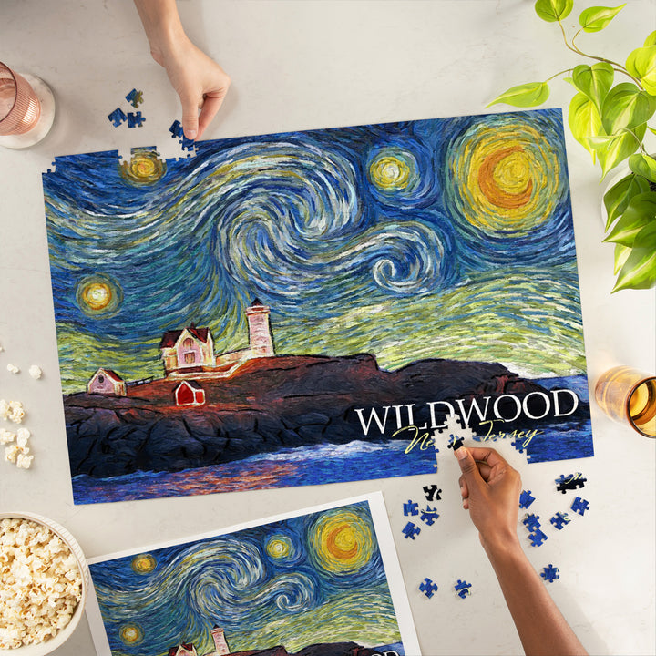 Wildwood, New Jersey, East Coast Lighthouse, Starry Night, Jigsaw Puzzle Puzzle Lantern Press 