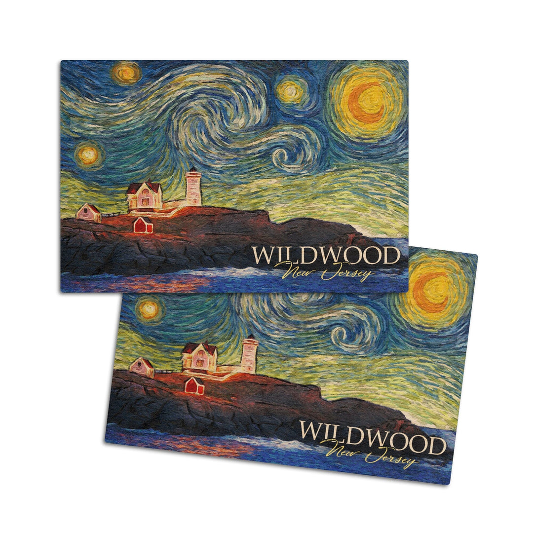Wildwood, New Jersey, East Coast Lighthouse, Starry Night, Lantern Press Artwork, Wood Signs and Postcards Wood Lantern Press 4x6 Wood Postcard Set 
