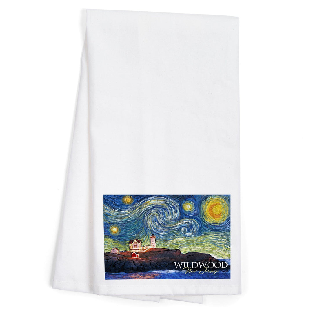 Wildwood, New Jersey, East Coast Lighthouse, Starry Night, Organic Cotton Kitchen Tea Towels Kitchen Lantern Press 