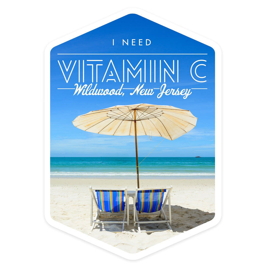 Wildwood, New Jersey, I Need Vitamin C, Beach Chairs and Umbrellas, Contour, Vinyl Sticker Sticker Lantern Press 