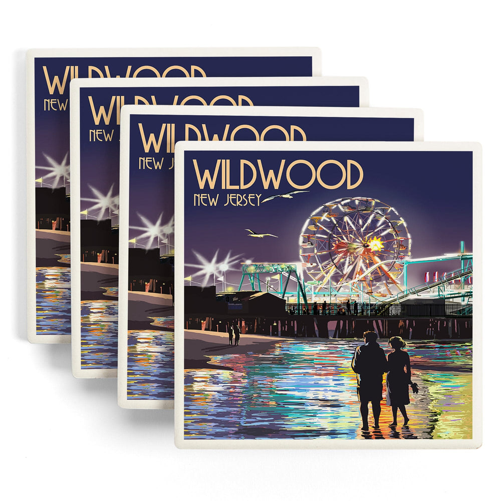 Wildwood, New Jersey, Pier and Rides at Night, Coasters Coasters Lantern Press 