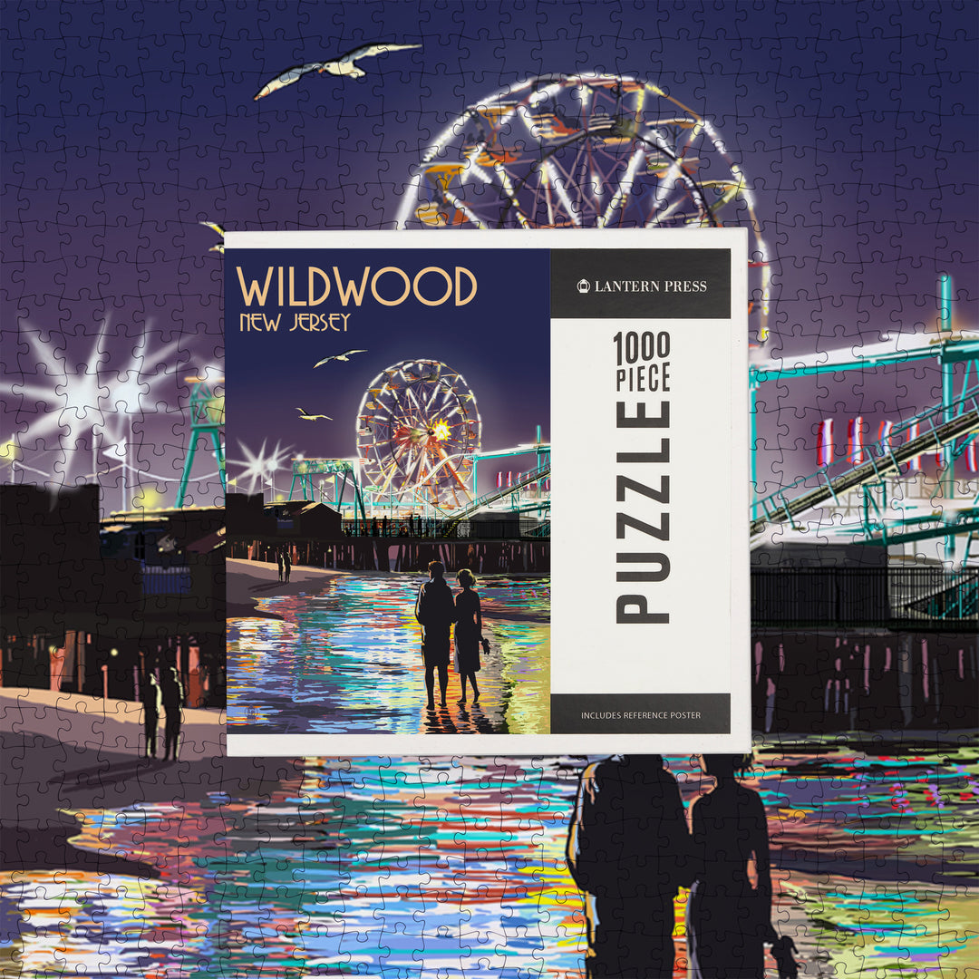 Wildwood, New Jersey, Pier and Rides at Night, Jigsaw Puzzle Puzzle Lantern Press 