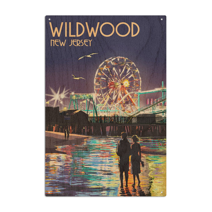 Wildwood, New Jersey, Pier & Rides at Night, Lantern Press Artwork, Wood Signs and Postcards Wood Lantern Press 10 x 15 Wood Sign 