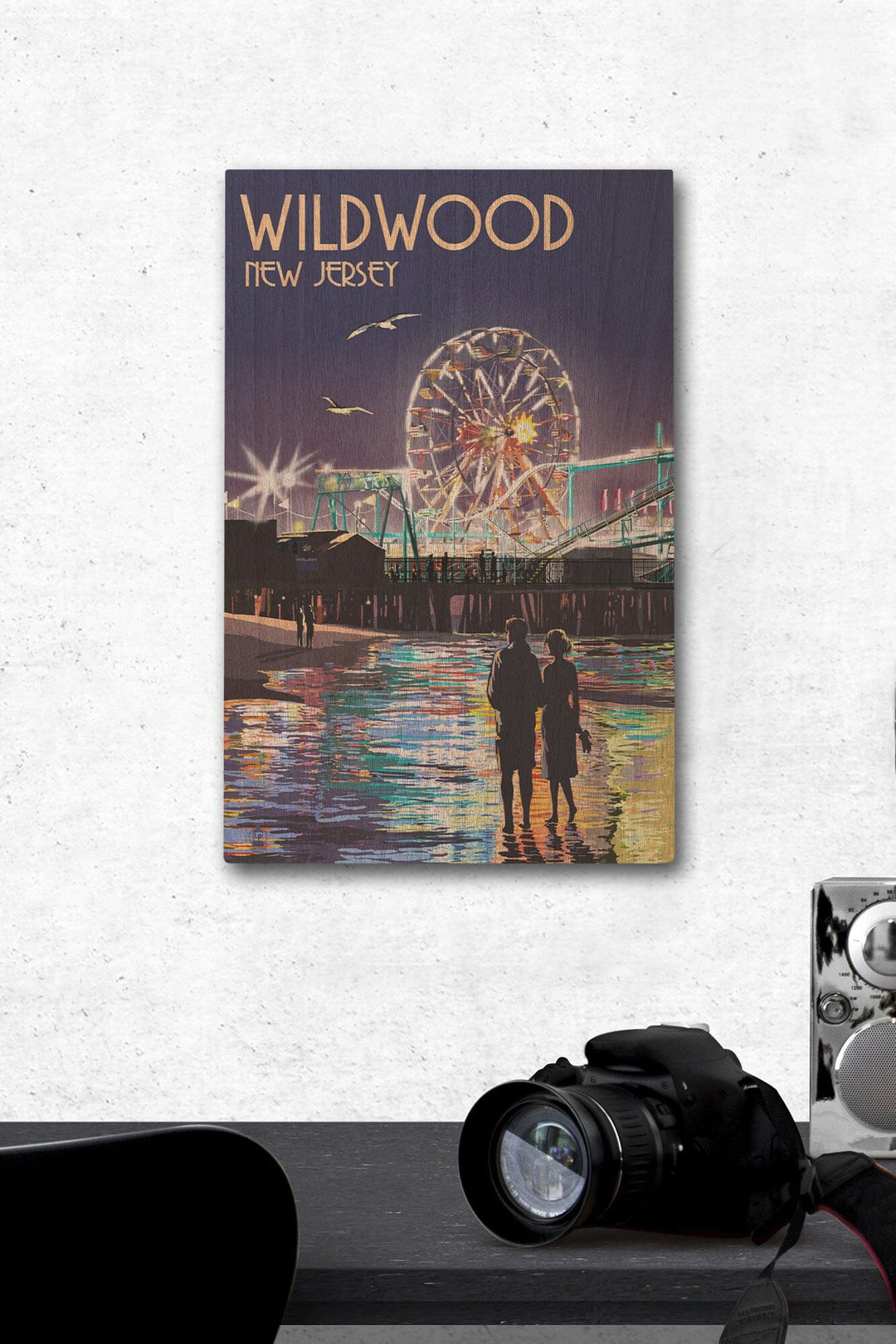 Wildwood, New Jersey, Pier & Rides at Night, Lantern Press Artwork, Wood Signs and Postcards Wood Lantern Press 12 x 18 Wood Gallery Print 