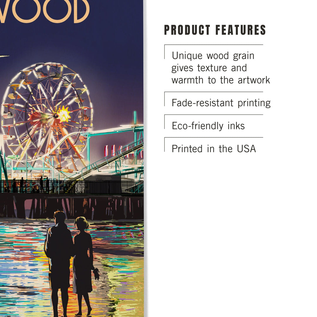 Wildwood, New Jersey, Pier & Rides at Night, Lantern Press Artwork, Wood Signs and Postcards Wood Lantern Press 