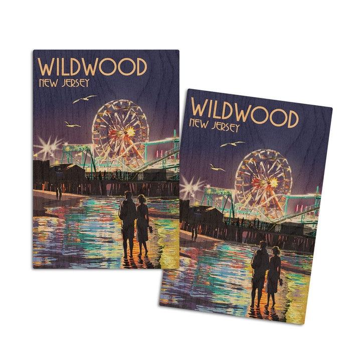 Wildwood, New Jersey, Pier & Rides at Night, Lantern Press Artwork, Wood Signs and Postcards Wood Lantern Press 4x6 Wood Postcard Set 