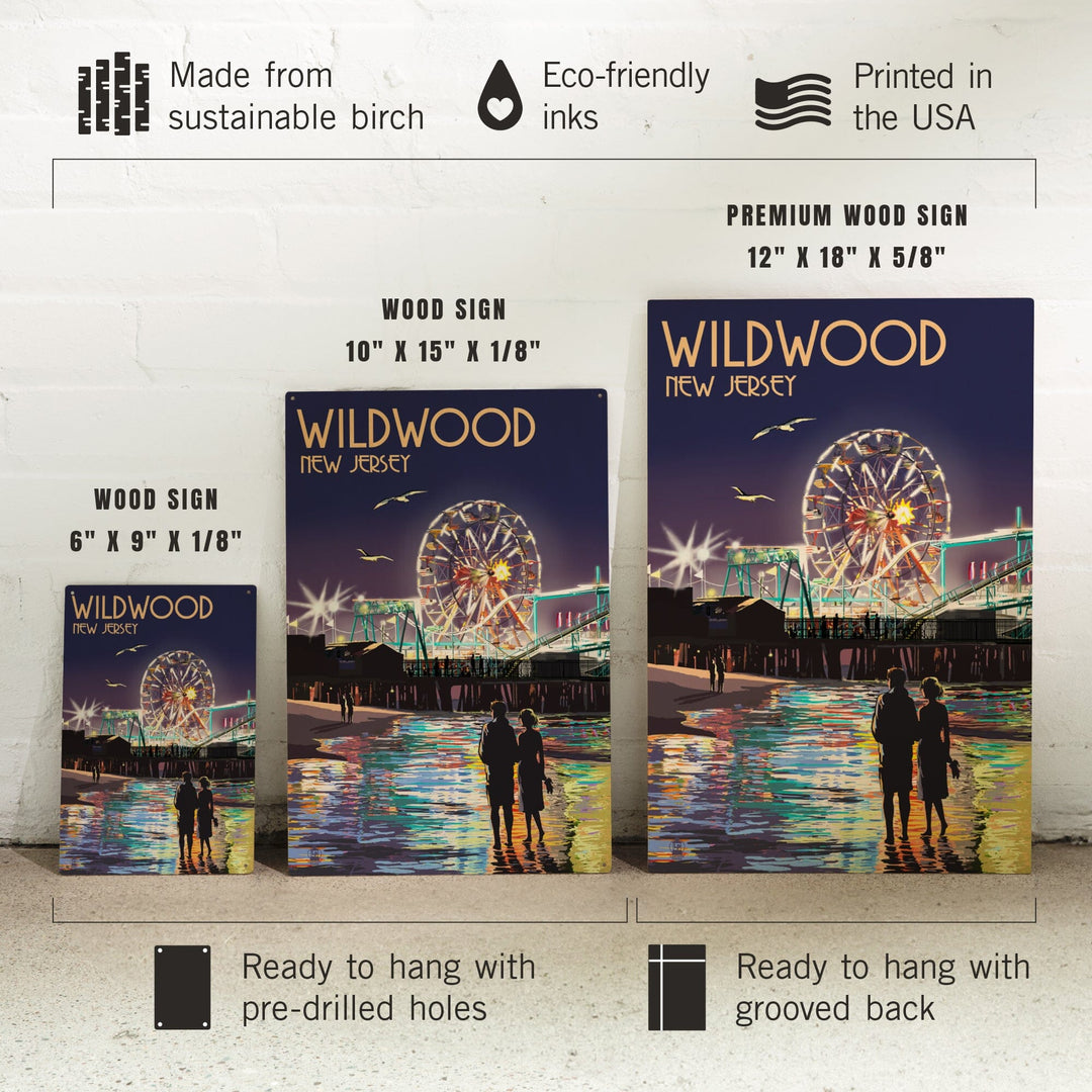 Wildwood, New Jersey, Pier & Rides at Night, Lantern Press Artwork, Wood Signs and Postcards Wood Lantern Press 