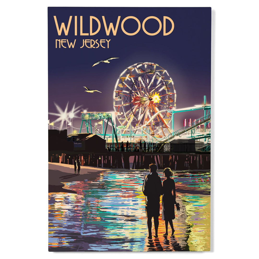 Wildwood, New Jersey, Pier & Rides at Night, Lantern Press Artwork, Wood Signs and Postcards Wood Lantern Press 