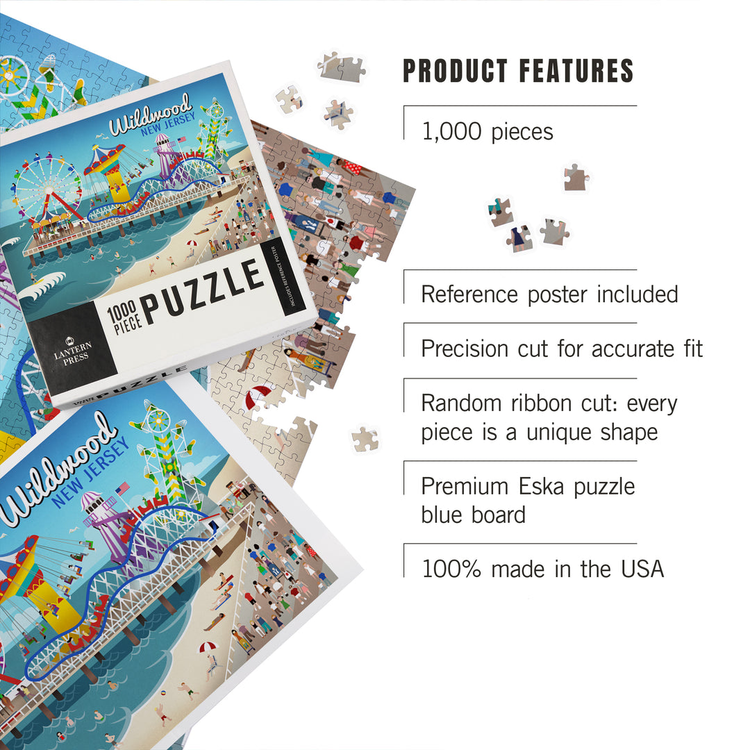 Wildwood, New Jersey, Retro Beach Boardwalk, Jigsaw Puzzle Puzzle Lantern Press 