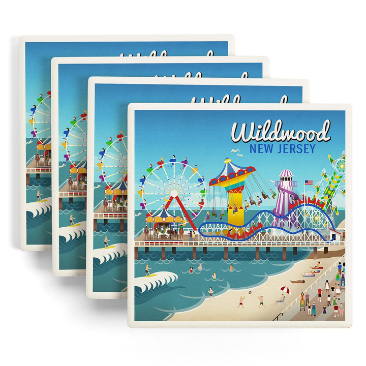 Wildwood, New Jersey, Retro Beach Boardwalk, Lantern Press Artwork, Coaster Set Coasters Lantern Press 