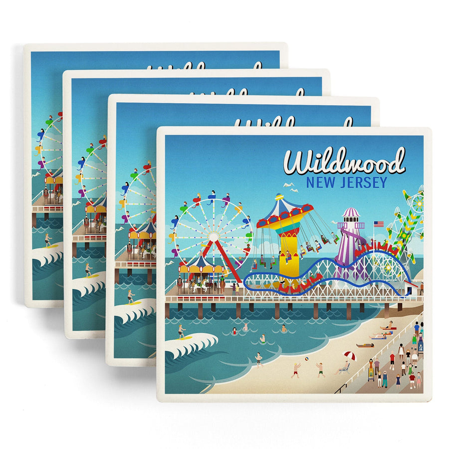 Wildwood, New Jersey, Retro Beach Boardwalk, Lantern Press Artwork, Coaster Set Coasters Lantern Press 