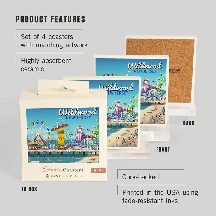 Wildwood, New Jersey, Retro Beach Boardwalk, Lantern Press Artwork, Coaster Set Coasters Lantern Press 