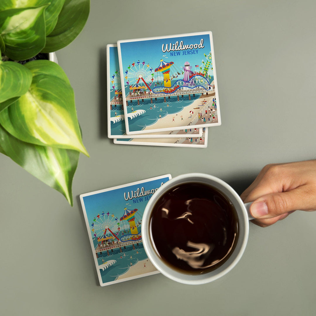 Wildwood, New Jersey, Retro Beach Boardwalk, Lantern Press Artwork, Coaster Set Coasters Lantern Press 