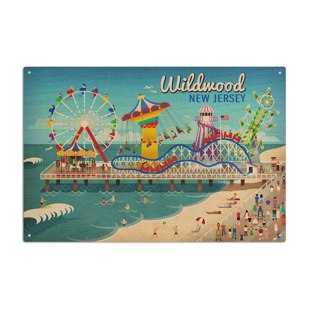Wildwood, New Jersey, Retro Beach Boardwalk, Lantern Press Artwork, Wood Signs and Postcards Wood Lantern Press 10 x 15 Wood Sign 