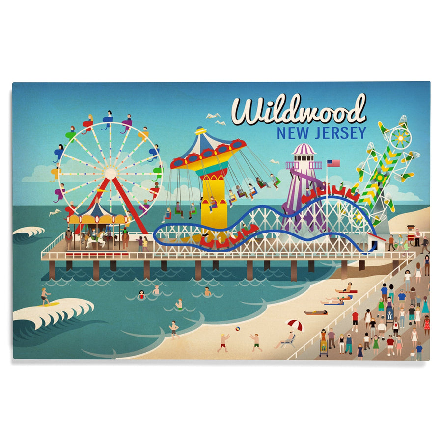 Wildwood, New Jersey, Retro Beach Boardwalk, Lantern Press Artwork, Wood Signs and Postcards Wood Lantern Press 