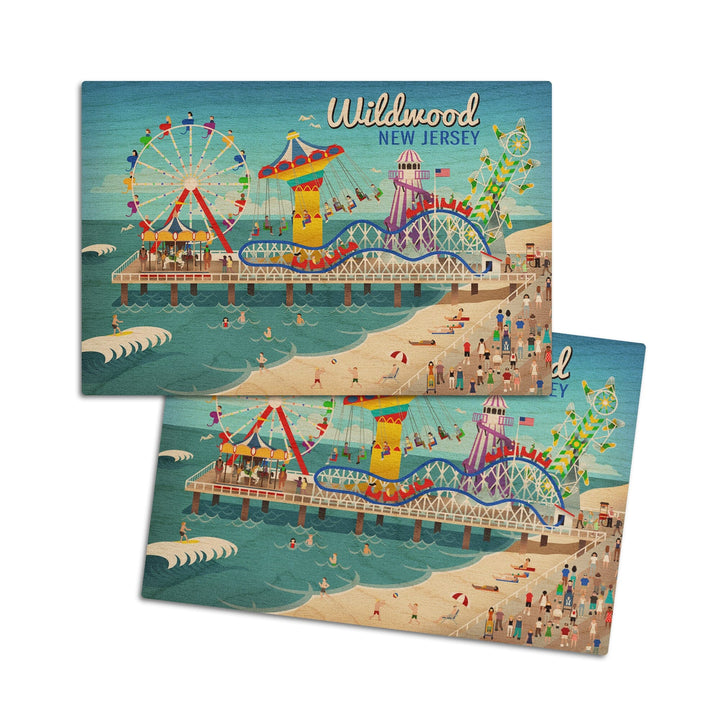 Wildwood, New Jersey, Retro Beach Boardwalk, Lantern Press Artwork, Wood Signs and Postcards Wood Lantern Press 4x6 Wood Postcard Set 