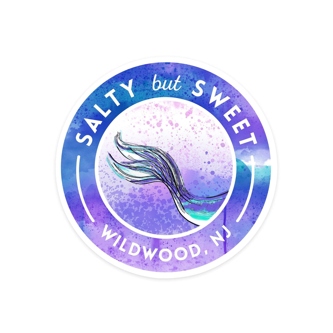 Wildwood, New Jersey, Salty but Sweet, Mermaid Tale, Contour, Lantern Press Artwork, Vinyl Sticker Sticker Lantern Press 