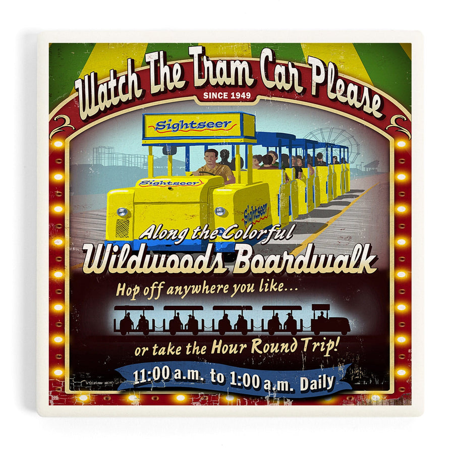 Wildwood, New Jersey, Tram Car Vintage Sign, Coasters Coasters Lantern Press 