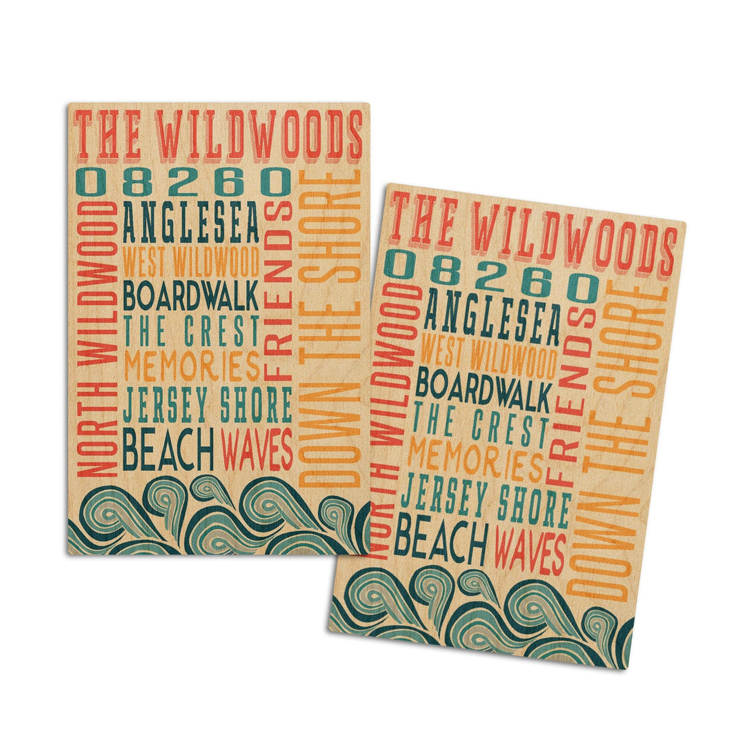 Wildwood, New Jersey, Typography, Lantern Press Artwork, Wood Signs and Postcards Wood Lantern Press 4x6 Wood Postcard Set 