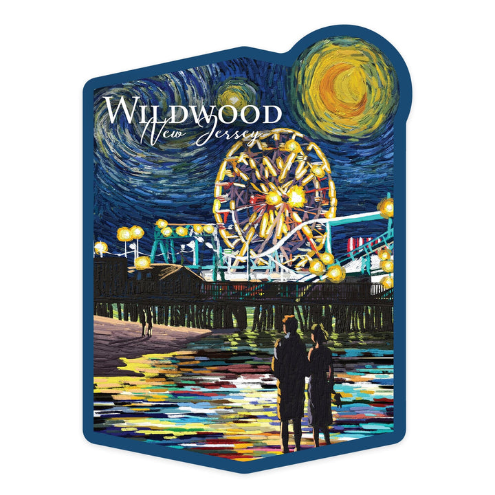 Wildwood, New Jersey, Van Gogh Starry Night, Pier, Contour, Vinyl Sticker Sticker Lantern Press 