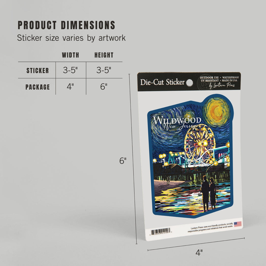 Wildwood, New Jersey, Van Gogh Starry Night, Pier, Contour, Vinyl Sticker Sticker Lantern Press 