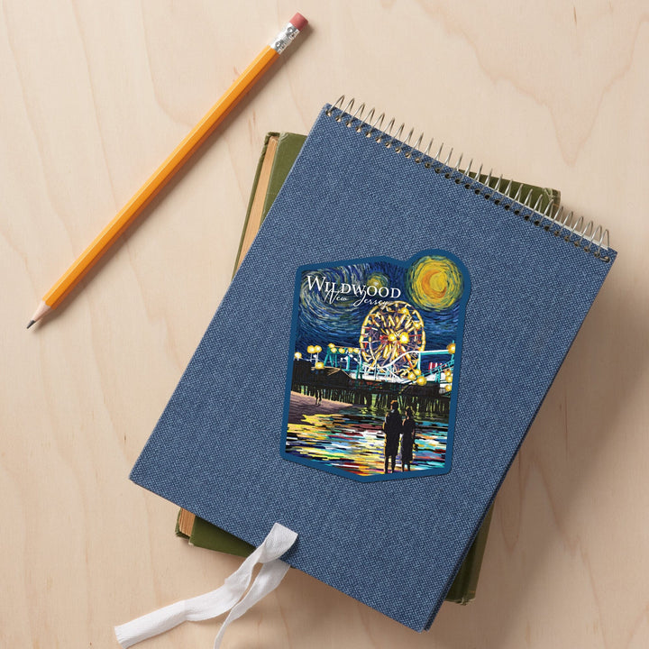 Wildwood, New Jersey, Van Gogh Starry Night, Pier, Contour, Vinyl Sticker Sticker Lantern Press 