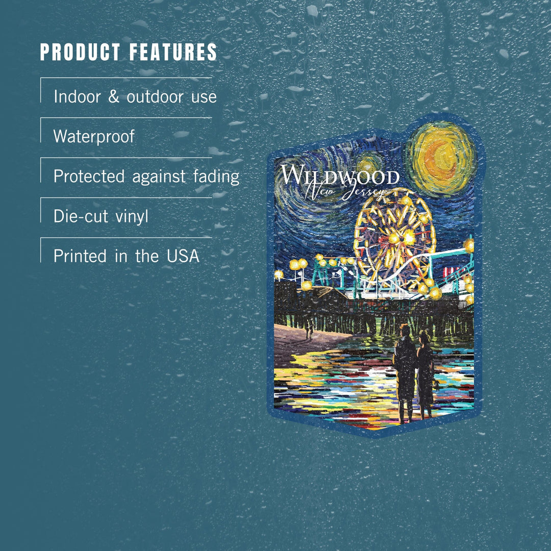 Wildwood, New Jersey, Van Gogh Starry Night, Pier, Contour, Vinyl Sticker Sticker Lantern Press 