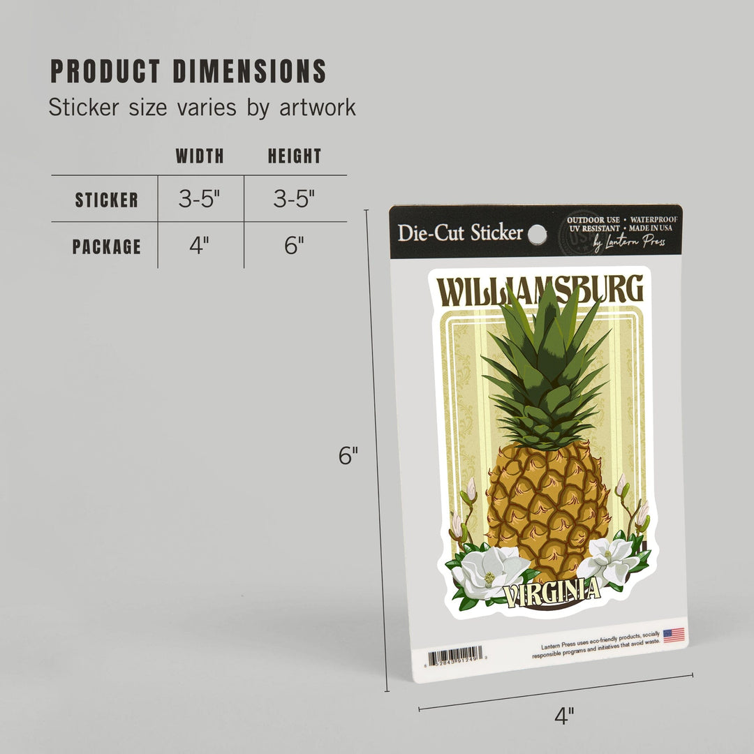 Williamsburg, Virginia, Colonial Pineapple, Contour, Vinyl Sticker Sticker Lantern Press 