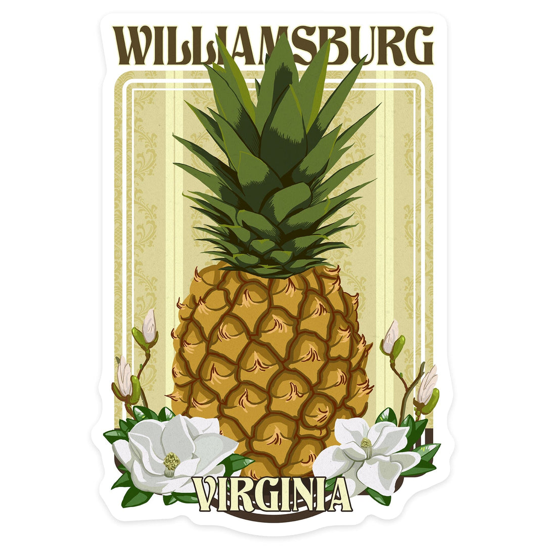 Williamsburg, Virginia, Colonial Pineapple, Contour, Vinyl Sticker Sticker Lantern Press 