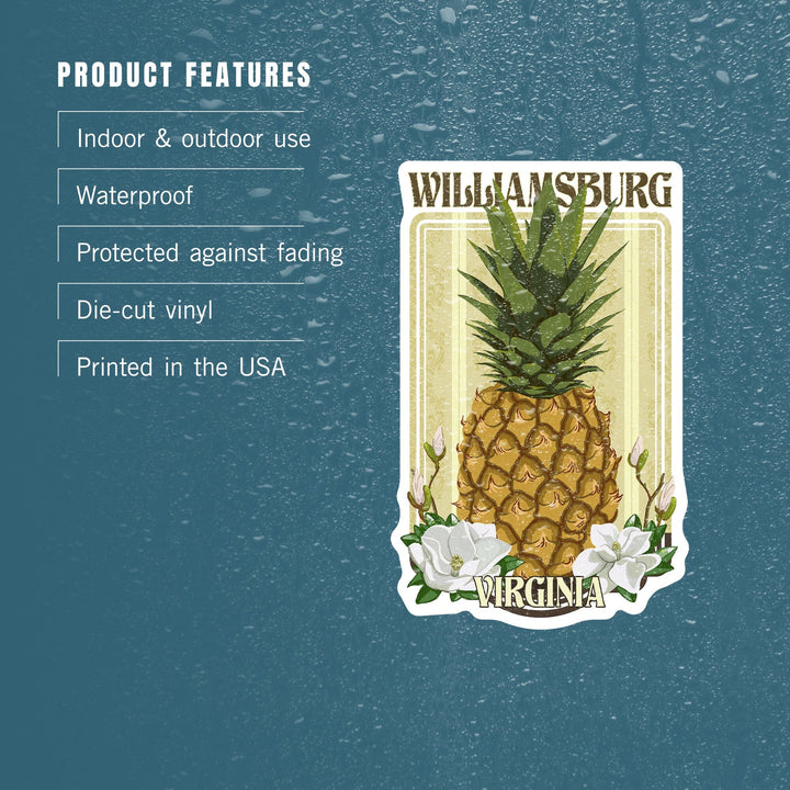 Williamsburg, Virginia, Colonial Pineapple, Contour, Vinyl Sticker Sticker Lantern Press 