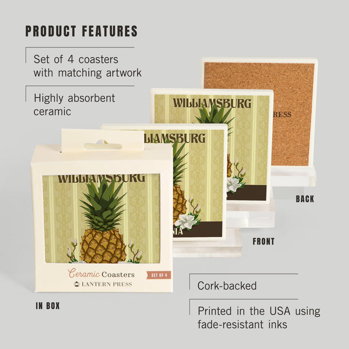 Williamsburg, Virginia, Colonial Pineapple, Lantern Press Artwork, Coaster Set Coasters Lantern Press 