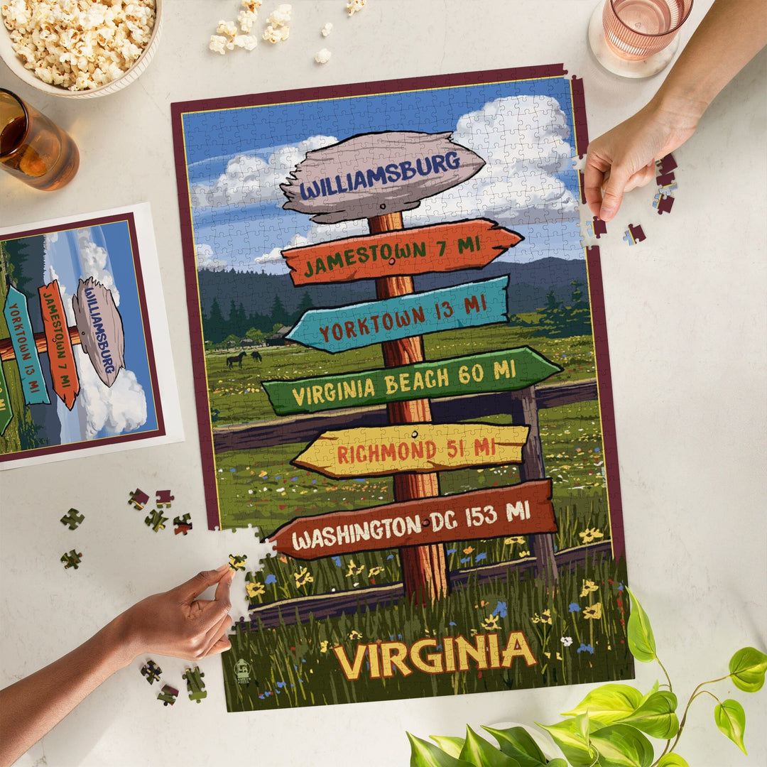 Williamsburg, Virginia, Destination Signpost, Jigsaw Puzzle Puzzle Lantern Press 
