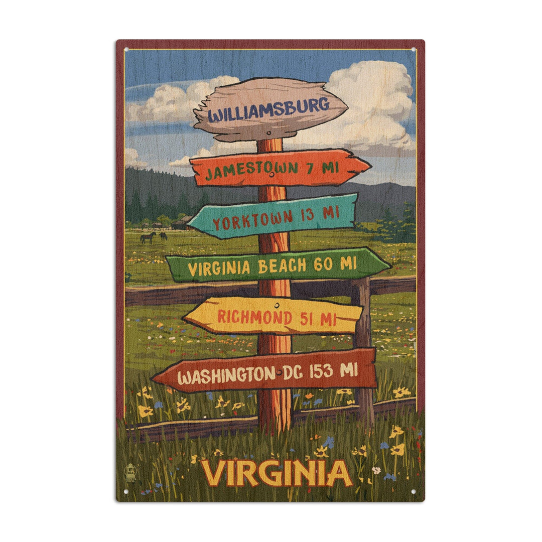Williamsburg, Virginia, Destination Signpost, Lantern Press Artwork, Wood Signs and Postcards Wood Lantern Press 10 x 15 Wood Sign 
