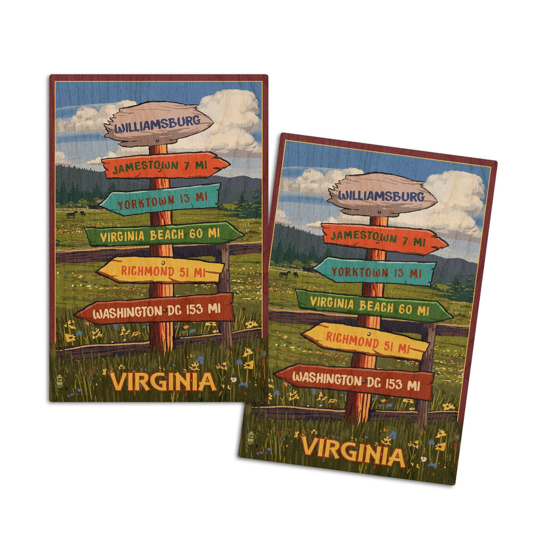 Williamsburg, Virginia, Destination Signpost, Lantern Press Artwork, Wood Signs and Postcards Wood Lantern Press 4x6 Wood Postcard Set 
