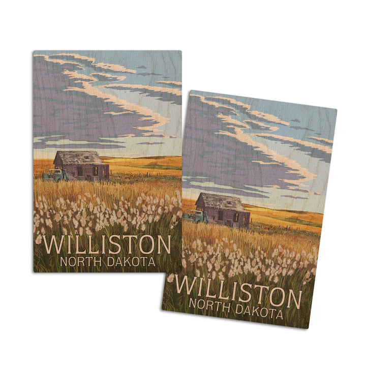 Williston, North Dakota, Wheat Field & Shack, Lantern Press Artwork, Wood Signs and Postcards Wood Lantern Press 4x6 Wood Postcard Set 