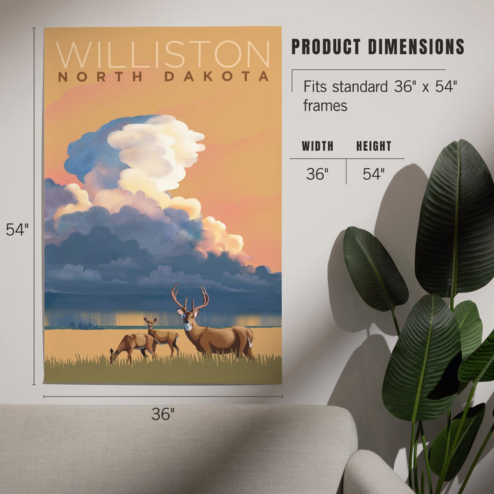 Williston, North Dakota, White-tailed Deer and Rain Cloud, Lithograph, Art & Giclee Prints Art Lantern Press 